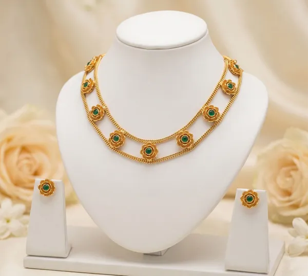 Viva_Jewels_Elegant_Dual-Chain_Green_Stone_Floral_Choker_Set_–_Gold_Plated_Textured_Flower_Motif_Layered_Necklace_with_Matching_Floral_Studs