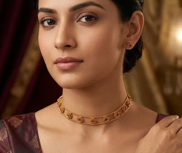 Viva_Jewels_Elegant_Dual-Chain_Red_Stone_Floral_Necklace_Set_–_Gold_Plated_Textured_Flower_Motif_Collar_Set_with_Matching_Floral_Studs