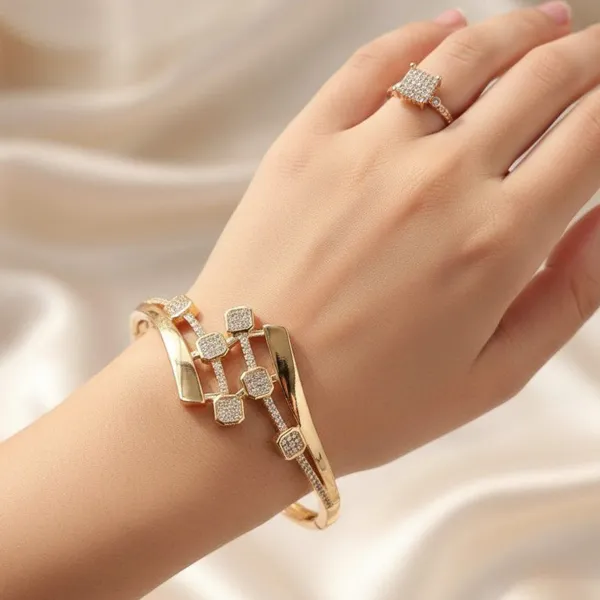 Viva_Jewels_Elegant_Gold-Plated_Avant-Garde_Geometric_Kada_Bracelet_&_Ring_Combo_Set_–_Sparkling_Multi-Square_Abstract_Bangle_and_Matching_Cluster_Ring_for_Contemporary,_Office_&_Party_Wear