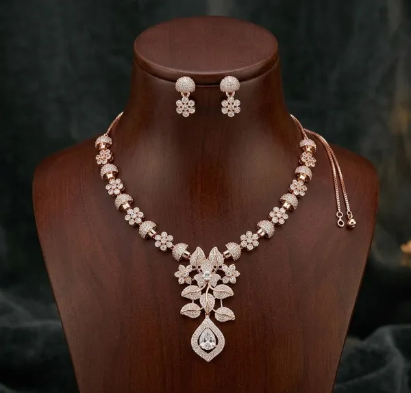 Viva_Jewels_Elegant_Rose_Gold-Plated_American_Diamond_Necklace_Set_–_Exquisite_Floral_&_Leaf_Motif_Pendant_with_Pear-Cut_CZ_Drop_and_Matching_Earrings_for_Festive_Wear.
