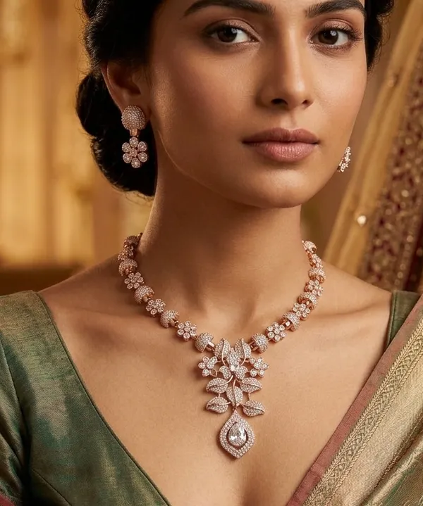 Viva_Jewels_Elegant_Rose_Gold-Plated_American_Diamond_Necklace_Set_–_Exquisite_Floral_&_Leaf_Motif_Pendant_with_Pear-Cut_CZ_Drop_and_Matching_Earrings_for_Festive_Wear.