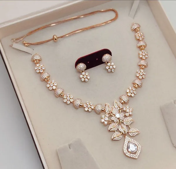 Viva_Jewels_Elegant_Rose_Gold-Plated_American_Diamond_Necklace_Set_–_Exquisite_Floral_&_Leaf_Motif_Pendant_with_Pear-Cut_CZ_Drop_and_Matching_Earrings_for_Festive_Wear.