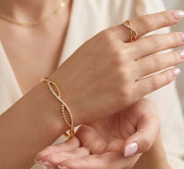 Viva_Jewels_Elegant_Rose_Gold-Plated_Minimalist_Infinity_Kada_Bracelet_&_Ring_Combo_Set_–_Sparkling_American_Diamond_Twist_Bangle_and_Matching_Ring_for_Contemporary,_Office_&_Party_Wear