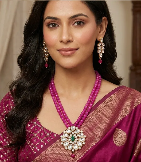 Viva_Jewels_Festive_Dual-Strand_Magenta_Pink_Bead_Rani_Haar_Necklace_Set_–_Traditional_Gold-Plated_Kundan_Floral_Pendant_with_Emerald_Green_Center_and_Matching_Leaf_Drop_Earrings