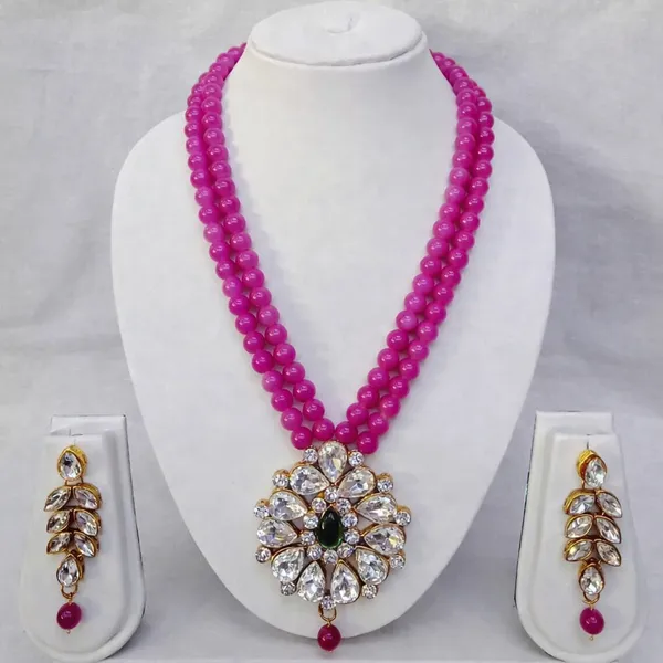 Viva_Jewels_Festive_Dual-Strand_Magenta_Pink_Bead_Rani_Haar_Necklace_Set_–_Traditional_Gold-Plated_Kundan_Floral_Pendant_with_Emerald_Green_Center_and_Matching_Leaf_Drop_Earrings
