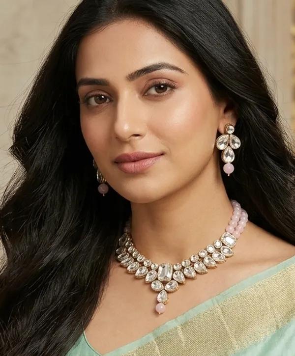Viva_Jewels_Festive_Dual-Strand_Pastel_Pink_Bead_Necklace_Set_–_Traditional_Gold-Plated_Chunky_Kundan_Collar_Choker_with_Matching_Teardrop_Cluster_Earrings