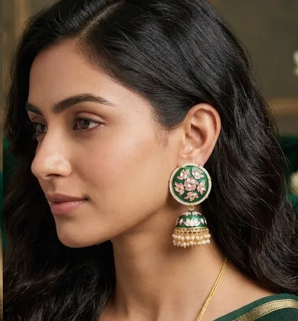 Viva_Jewels_Festive_Emerald_Green_Meenakari_Lotus_Jhumka_Earrings_–_Hand-Painted_Floral_Enamel_&_Kundan_Gold-Plated_Statement_Drop_Earrings_with_Pearl_Accents_for_Weddings_&_Festivals