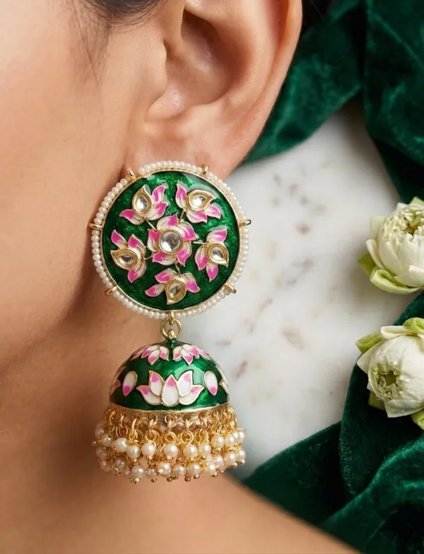 Viva_Jewels_Festive_Emerald_Green_Meenakari_Lotus_Jhumka_Earrings_–_Hand-Painted_Floral_Enamel_&_Kundan_Gold-Plated_Statement_Drop_Earrings_with_Pearl_Accents_for_Weddings_&_Festivals