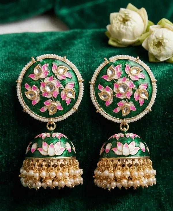 Viva_Jewels_Festive_Emerald_Green_Meenakari_Lotus_Jhumka_Earrings_–_Hand-Painted_Floral_Enamel_&_Kundan_Gold-Plated_Statement_Drop_Earrings_with_Pearl_Accents_for_Weddings_&_Festivals
