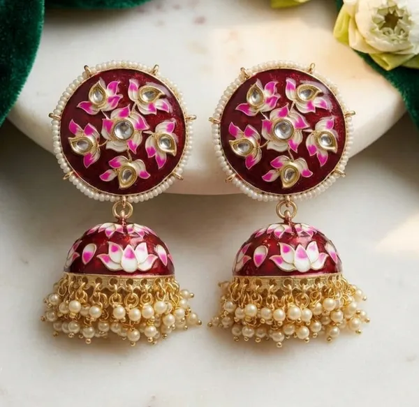 Viva_Jewels_Festive_Maroon_Meenakari_Lotus_Jhumka_Earrings_–_Hand-Painted_Floral_Enamel_&_Kundan_Gold-Plated_Statement_Drop_Earrings_with_Pearl_Accents_for_Weddings_&_Festivals