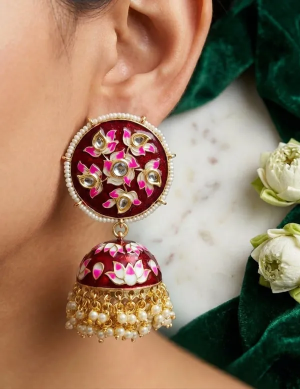 Viva_Jewels_Festive_Maroon_Meenakari_Lotus_Jhumka_Earrings_–_Hand-Painted_Floral_Enamel_&_Kundan_Gold-Plated_Statement_Drop_Earrings_with_Pearl_Accents_for_Weddings_&_Festivals