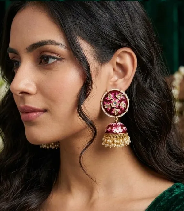 Viva_Jewels_Festive_Maroon_Meenakari_Lotus_Jhumka_Earrings_–_Hand-Painted_Floral_Enamel_&_Kundan_Gold-Plated_Statement_Drop_Earrings_with_Pearl_Accents_for_Weddings_&_Festivals