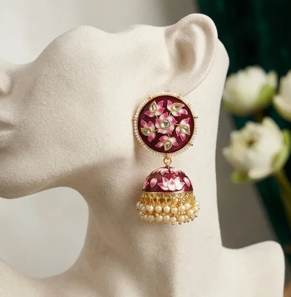 Viva_Jewels_Festive_Maroon_Meenakari_Lotus_Jhumka_Earrings_–_Hand-Painted_Floral_Enamel_&_Kundan_Gold-Plated_Statement_Drop_Earrings_with_Pearl_Accents_for_Weddings_&_Festivals