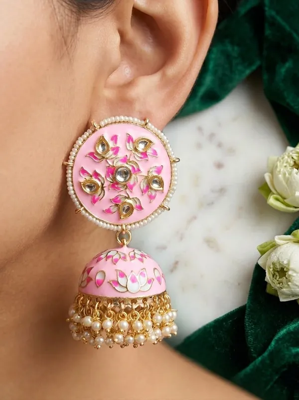 Viva_Jewels_Festive_Pastel_Baby_Pink_Meenakari_Lotus_Jhumka_Earrings_–_Hand-Painted_Floral_Enamel_&_Kundan_Gold-Plated_Statement_Drop_Earrings_with_Pearl_Accents_for_Weddings_&_Festivals