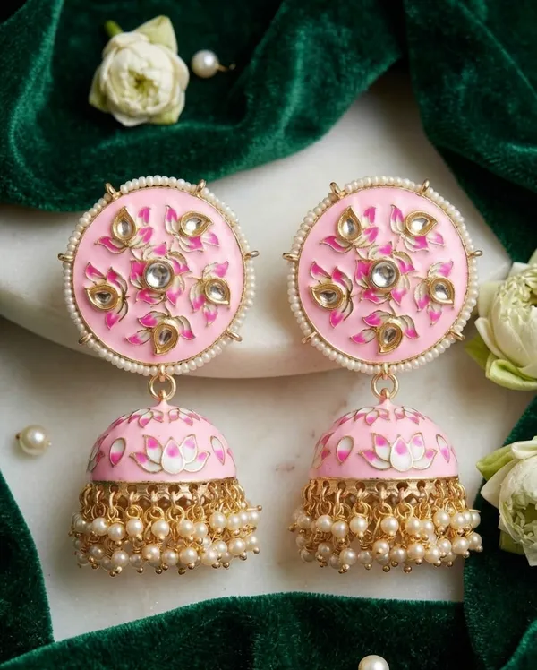 Viva_Jewels_Festive_Pastel_Baby_Pink_Meenakari_Lotus_Jhumka_Earrings_–_Hand-Painted_Floral_Enamel_&_Kundan_Gold-Plated_Statement_Drop_Earrings_with_Pearl_Accents_for_Weddings_&_Festivals
