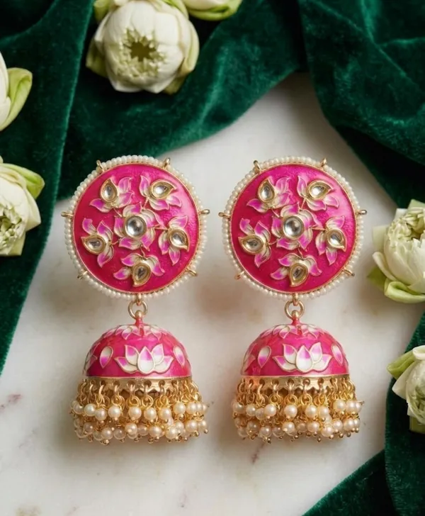 Viva_Jewels_Festive_Rani_Pink_Meenakari_Lotus_Jhumka_Earrings_–_Hand-Painted_Floral_Enamel_&_Kundan_Gold-Plated_Statement_Drop_Earrings_with_Pearl_Accents_for_Weddings_&_Festivals