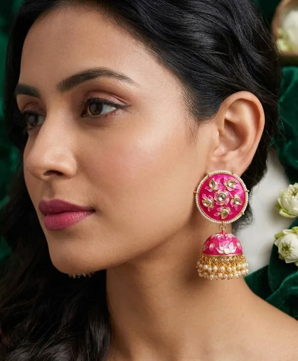 Viva_Jewels_Festive_Rani_Pink_Meenakari_Lotus_Jhumka_Earrings_–_Hand-Painted_Floral_Enamel_&_Kundan_Gold-Plated_Statement_Drop_Earrings_with_Pearl_Accents_for_Weddings_&_Festivals