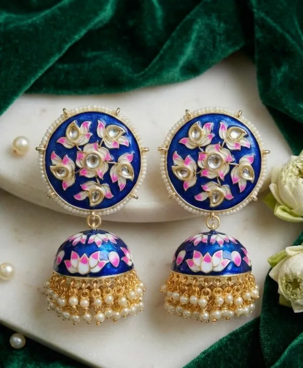Viva_Jewels_Festive_Royal_Blue_Meenakari_Lotus_Jhumka_Earrings_–_Hand-Painted_Floral_Enamel_&_Kundan_Gold-Plated_Statement_Drop_Earrings_with_Pearl_Accents_for_Weddings_&_Festivals