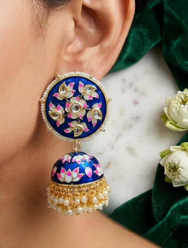 Viva_Jewels_Festive_Royal_Blue_Meenakari_Lotus_Jhumka_Earrings_–_Hand-Painted_Floral_Enamel_&_Kundan_Gold-Plated_Statement_Drop_Earrings_with_Pearl_Accents_for_Weddings_&_Festivals