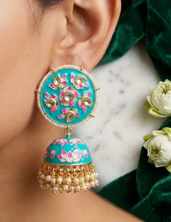 Viva_Jewels_Festive_Turquoise_Sky_Blue_Meenakari_Lotus_Jhumka_Earrings_–_Hand-Painted_Floral_Enamel_&_Kundan_Gold-Plated_Statement_Drop_Earrings_with_Pearl_Accents_for_Weddings_&_Festivals