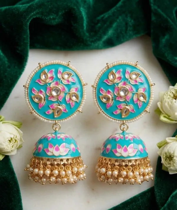 Viva_Jewels_Festive_Turquoise_Sky_Blue_Meenakari_Lotus_Jhumka_Earrings_–_Hand-Painted_Floral_Enamel_&_Kundan_Gold-Plated_Statement_Drop_Earrings_with_Pearl_Accents_for_Weddings_&_Festivals