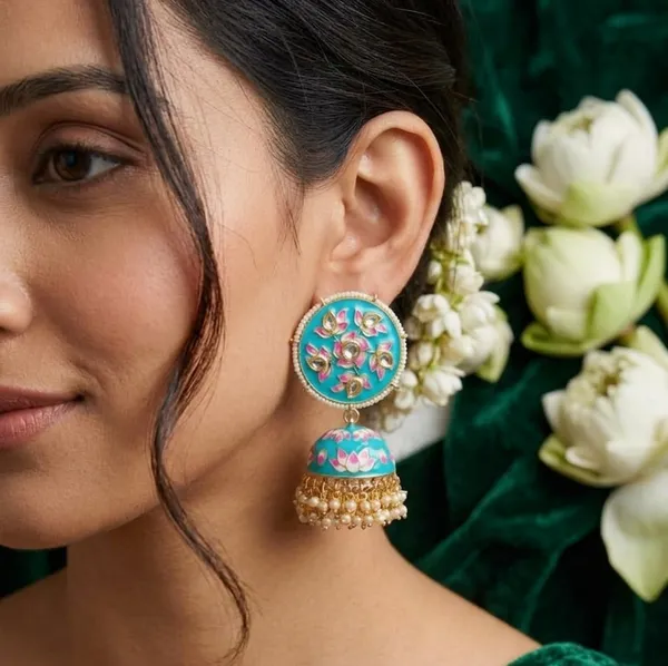 Viva_Jewels_Festive_Turquoise_Sky_Blue_Meenakari_Lotus_Jhumka_Earrings_–_Hand-Painted_Floral_Enamel_&_Kundan_Gold-Plated_Statement_Drop_Earrings_with_Pearl_Accents_for_Weddings_&_Festivals
