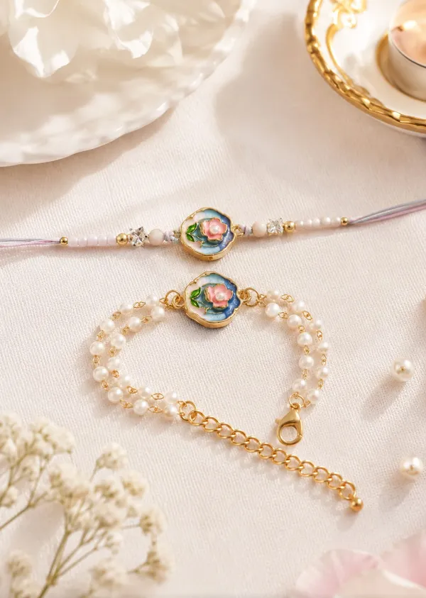 Viva_Jewels_Floral_Enamel_&_Pearl_Bhaiya_Bhabhi_Rakhi_Set_–_Handcrafted_Pastel_Rose_Meenakari_Rakhi_&_Pearl_Lumba_Combo_with_Roli_Chawal_Jars