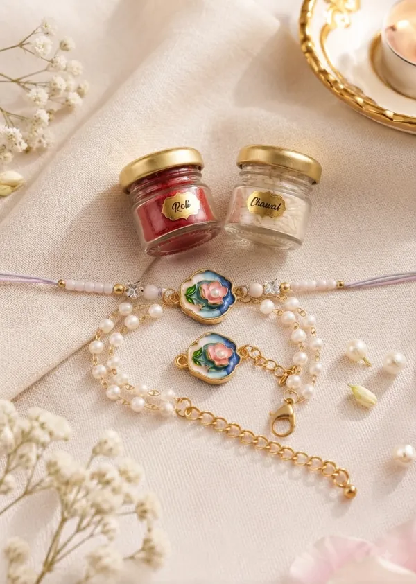 Viva_Jewels_Floral_Enamel_&_Pearl_Bhaiya_Bhabhi_Rakhi_Set_–_Handcrafted_Pastel_Rose_Meenakari_Rakhi_&_Pearl_Lumba_Combo_with_Roli_Chawal_Jars