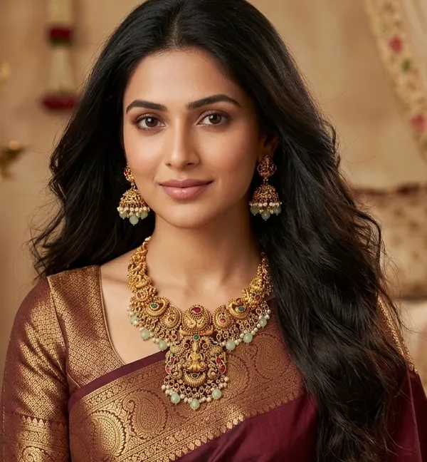 Viva_Jewels_Grand_Antique_Gold-Plated_Goddess_Lakshmi_Temple_Haram_Set_–_Heritage_Peacock_&_Floral_Motif_Choker_with_Traditional_Jhumkas,_Ruby-Emerald_Accents_&_Mint_Green_Bead_Drops