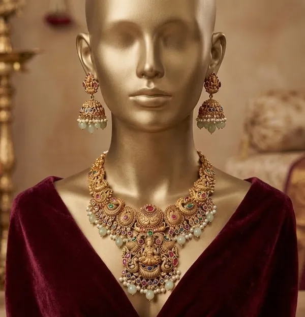 Viva_Jewels_Grand_Antique_Gold-Plated_Goddess_Lakshmi_Temple_Haram_Set_–_Heritage_Peacock_&_Floral_Motif_Choker_with_Traditional_Jhumkas,_Ruby-Emerald_Accents_&_Mint_Green_Bead_Drops