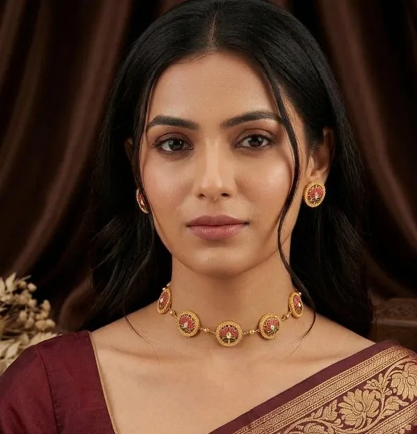 Viva_Jewels_Handcrafted_Pink_Lotus_Meenakari_Gold_Chain_Set_–_Enamel_Floral_Medallion_Necklace_with_Kundan_Accent_&_Matching_Stud_Earrings