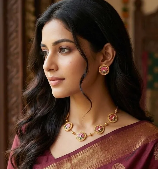 Viva_Jewels_Handcrafted_Pink_Lotus_Meenakari_Gold_Chain_Set_–_Enamel_Floral_Medallion_Necklace_with_Kundan_Accent_&_Matching_Stud_Earrings