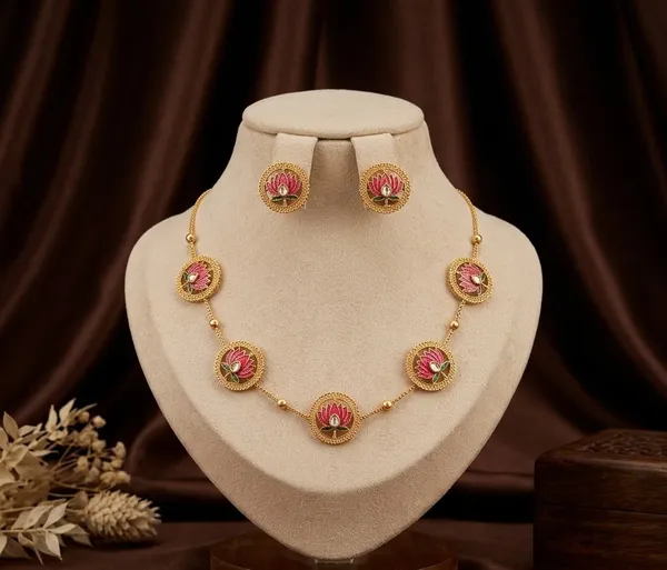 Viva_Jewels_Handcrafted_Pink_Lotus_Meenakari_Gold_Chain_Set_–_Enamel_Floral_Medallion_Necklace_with_Kundan_Accent_&_Matching_Stud_Earrings