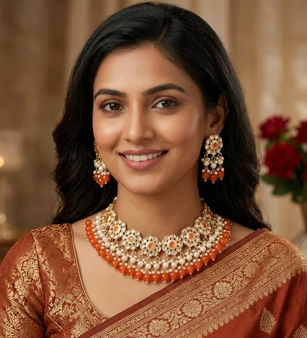 Viva_Jewels_Heritage_Bloom_Bridal_Choker_–_Saffron_Sunset_Edition_Gold-Plated_Kundan_Necklace_with_Orange_Droplet_Beads_&_Floral_Earrings