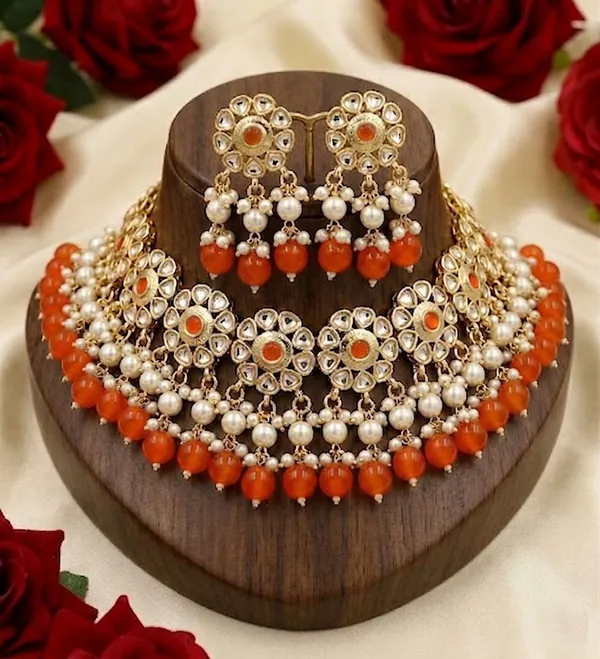 Viva_Jewels_Heritage_Bloom_Bridal_Choker_–_Saffron_Sunset_Edition_Gold-Plated_Kundan_Necklace_with_Orange_Droplet_Beads_&_Floral_Earrings