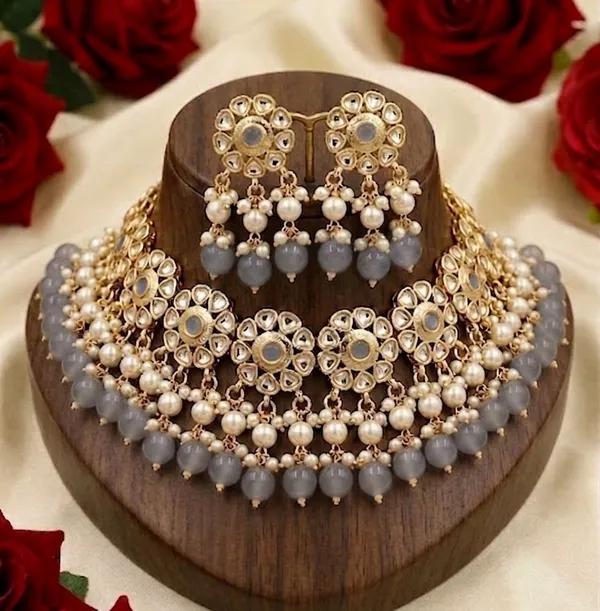 Viva_Jewels_Heritage_Bloom_Bridal_Choker_–_Smoky_Moonstone_Edition_Gold-Plated_Kundan_Necklace_with_Grey_Droplet_Beads_&_Floral_Earrings