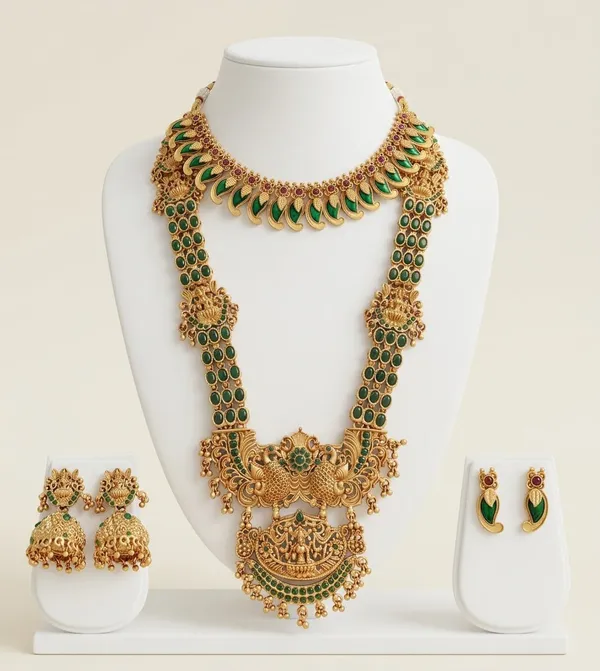 Viva_Jewels_Heritage_Goddess_Lakshmi_&_Peacock_Temple_Jewellery_Set_–_Antique_Matte_Gold_Short_Mango_Necklace_&_Long_Emerald_Haram_Combo_with_Earrings