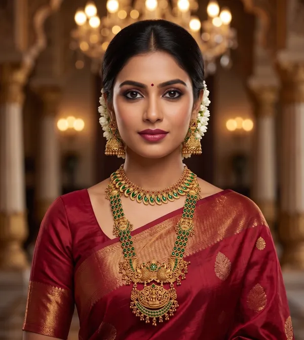 Viva_Jewels_Heritage_Goddess_Lakshmi_&_Peacock_Temple_Jewellery_Set_–_Antique_Matte_Gold_Short_Mango_Necklace_&_Long_Emerald_Haram_Combo_with_Earrings