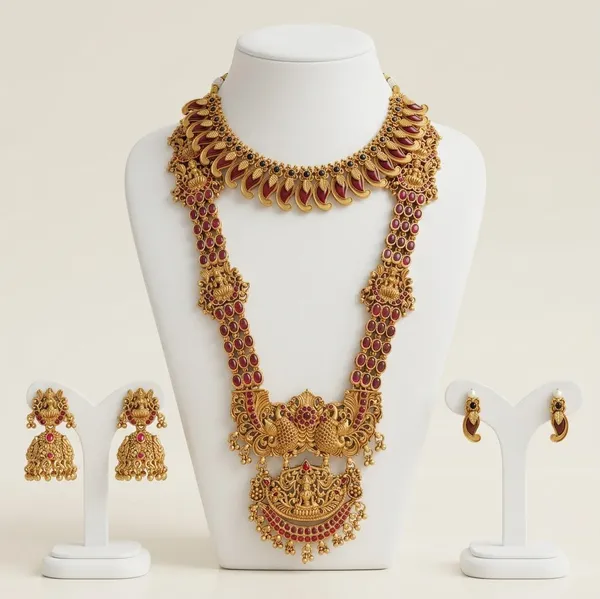 Viva_Jewels_Heritage_Goddess_Lakshmi_&_Peacock_Temple_Jewellery_Set_–_Antique_Matte_Gold_Short_Mango_Necklace_&_Long_Ruby_Haram_Combo_with_Earrings