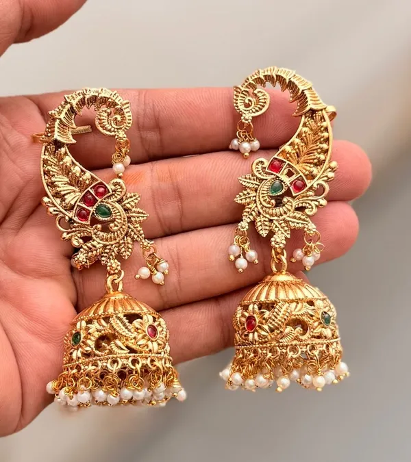 Viva_Jewels_Heritage_Matte_Gold_Paisley_Jhumka_Earrings_–_Premium_Red_&_Green_Kemp_Stone_Traditional_Bridal_Jhumkis_with_Cluster_Pearl_Dangles