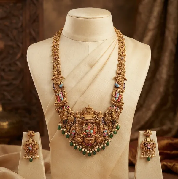 Viva_Jewels_Heritage_Meenakari_Ram_Parivar_Antique_Gold_Temple_Haram_Set_–_Handcrafted_Enamel_Bridal_Long_Necklace_with_Green_&_Pearl_Drops