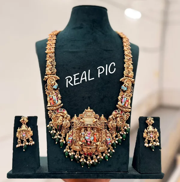 Viva_Jewels_Heritage_Meenakari_Ram_Parivar_Antique_Gold_Temple_Haram_Set_–_Handcrafted_Enamel_Bridal_Long_Necklace_with_Green_&_Pearl_Drops