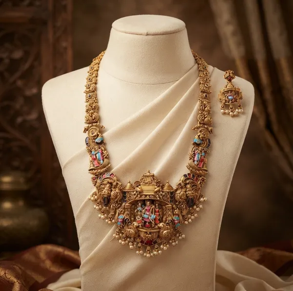 Viva_Jewels_Heritage_Meenakari_Ram_Parivar_Antique_Gold_Temple_Haram_Set_–_Handcrafted_Enamel_Work_Bridal_Long_Necklace_with_Matching_Earrings