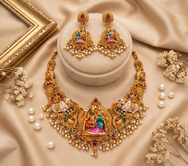 Viva_Jewels_Heritage_Shiva_Parvati_&_Nandi_Meenakari_Set_–_Antique_Gold_Temple_Choker_with_Enamel_Work,_Ruby-Emerald_Kemp_&_Pearl_Drops