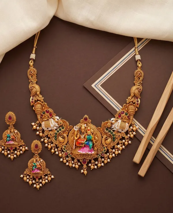 Viva_Jewels_Heritage_Shiva_Parvati_&_Nandi_Meenakari_Set_–_Antique_Gold_Temple_Choker_with_Enamel_Work,_Ruby-Emerald_Kemp_&_Pearl_Drops
