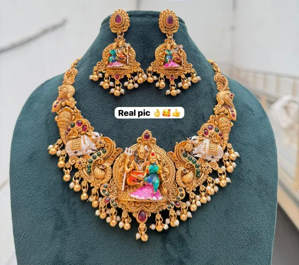Viva_Jewels_Heritage_Shiva_Parvati_&_Nandi_Meenakari_Set_–_Antique_Gold_Temple_Choker_with_Enamel_Work,_Ruby-Emerald_Kemp_&_Pearl_Drops