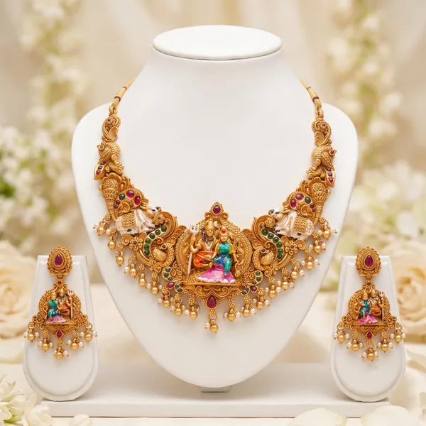Viva_Jewels_Heritage_Shiva_Parvati_&_Nandi_Meenakari_Set_–_Antique_Gold_Temple_Choker_with_Enamel_Work,_Ruby-Emerald_Kemp_&_Pearl_Drops