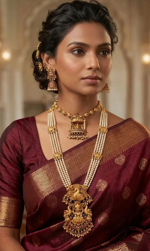 Viva_Jewels_Imperial_Temple_Bridal_Ensemble_–_Multi-Strand_Pearl_Long_Haram_with_Grand_Lakshmi_Pendant,_Matching_Heritage_Choker,_and_Bell_Jhumkas