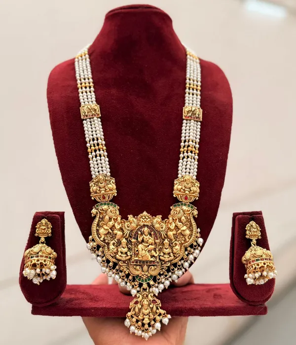 Viva_Jewels_Imperial_Temple_Bridal_Haar_–_Multi-Strand_Pearl_Necklace_with_Grand_Lakshmi_&_Peacock_Pendant_and_Matching_Heritage_Jhumkas