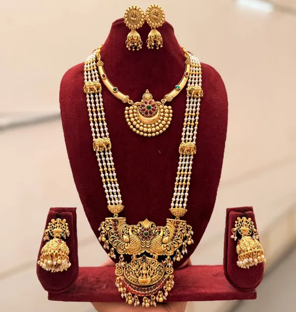 Viva_Jewels_Imperial_Temple_Bridal_Set_–_Multi-Strand_Pearl_Haar_with_Grand_Peacock_&_Lakshmi_Pendant,_Matching_Choker,_and_Traditional_Jhumkas